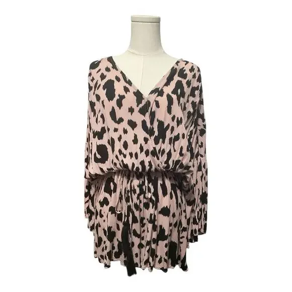 XL Leopard Print Romper One Piece Long Sleeve Tassel Tie Waist Preloved - Picture 2 of 4